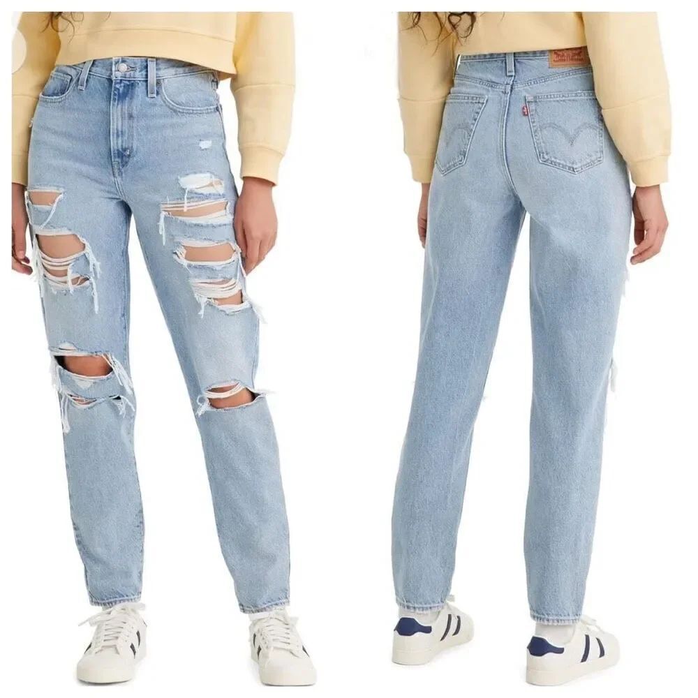 Levi's High Waisted Mom Jeans Deconstructed Indigo Tapered Distressed Size 30